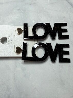 🚨3 for $15🚨 Jeune Colette - Black Glitter 'LOVE' Earrings on Gold Tone Hardware